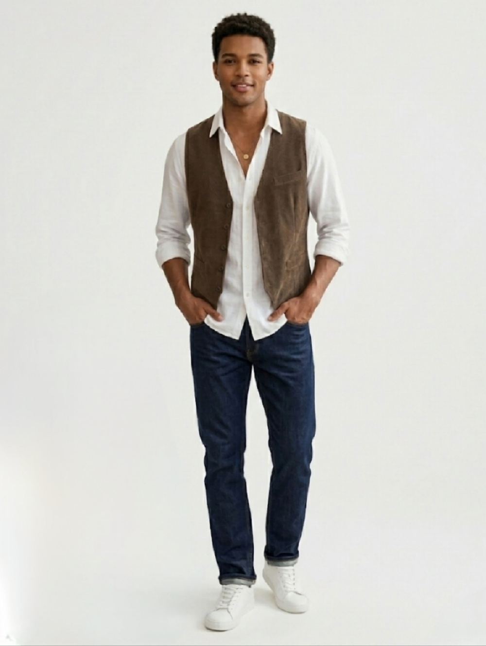Perry Ellis Brown Corduroy Cotton Blend Button Front Vest Academia Preppy Medium